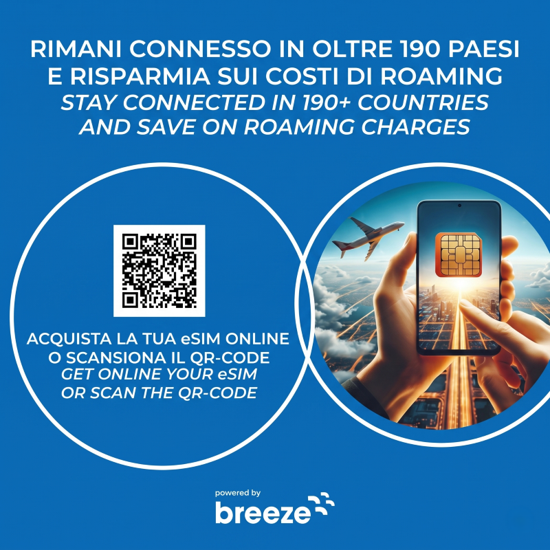 Logo e grafica eSIM connettività internazionale Breeze Torino Airport